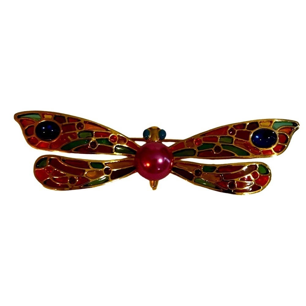 Vintage Brooch Joan Rivers Dragonfly Stained Glass Plique A Jour MISSING DANGLE